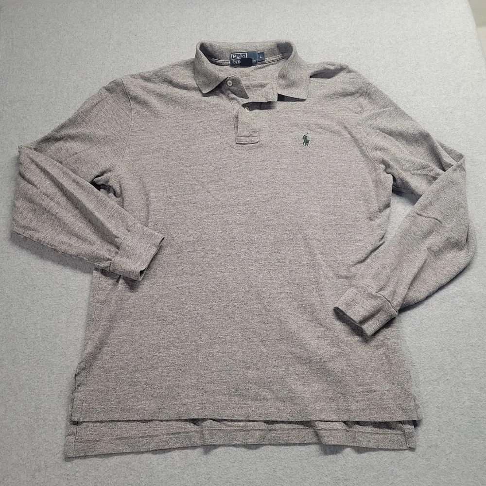 Polo Ralph Lauren Mens Gray Long Sleeve Polo Shirt Cotton Pony‎ Logo Size L
